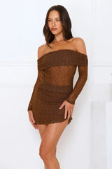 Vibe Verified Off Shoulder Mini Dress Brown