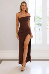 Lavish Luxe Off Shoulder Maxi Dress Brown