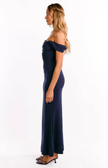 Ella Navy Off Shoulder Crepe Formal Maxi Dress