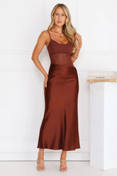 Rule The Glow Satin Mesh Maxi Dress Brown