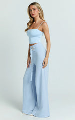 Kyra Pants - Linen Look Belted Wide Leg Pants in Blue