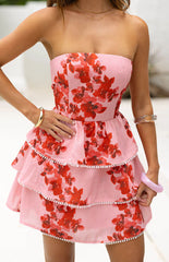 Sofia Pink Floral Strapless Ruffle Mini Dress