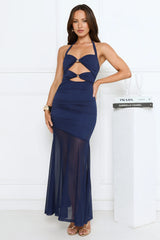 High Heel Hour Mesh Halter Maxi Dress Navy