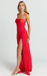 Red Cowl Neck Asymmetric Fit and Flare Maxi Dress