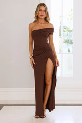 Lavish Luxe Off Shoulder Maxi Dress Brown