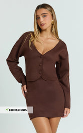 Charisse Two Piece Top and Skirt Set - Knit Cardigan And Mini Skirt in Chocolate