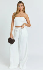 Nicole Pants - High Waist Elasticated Gathered Waist Wide Leg Pants in White