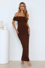 Soft Whispers Off Shoulder Maxi Dress Brown