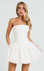 Ivory Mini Dress with Ruched Corset and Gathered Skirt