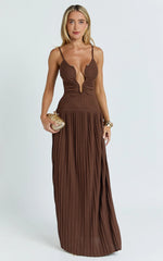 Hathaway Maxi Dress - U Shaped Neck Pleated Dress in Chocolate