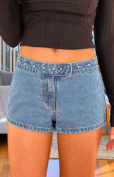 Mollie Mid Wash Denim Low Rise Stud Denim Shorts