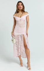 Pink Lace Off-Shoulder Side-Split Midi Dress