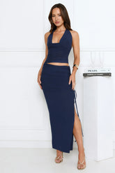 Girl Moods Mesh Halter Maxi Dress Navy