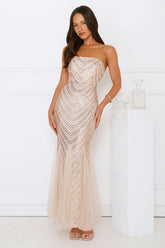 Shimmer District Sequin Strapless Maxi Dress Gold