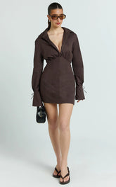 Chocolate Collared Button-Down Corset Waist Mini Dress