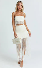 Ivory Two-Piece Fringed Micro Top and Tiered Mini Skirt Set