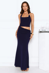 Elegant Edge Halter Maxi Dress Navy
