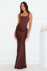 Effortlessly Yours Satin Maxi Dress Chocolate