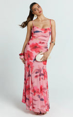 Pink Floral Cowl Neck Godet Maxi Dress