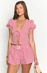 Wednesday Red Gingham Puff Sleeve Tie Top
