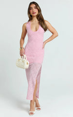 Pink Jacquard Plunge Bodycon Midi Dress