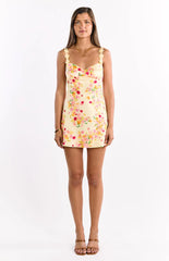 Marbelle Yellow Bloom Satin Mini Dress
