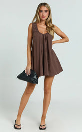 Chocolate Deep U Gathered Neck Smock Mini Dress