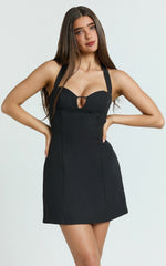 Black Mini Halter Sweetheart Neck A-Line Dress