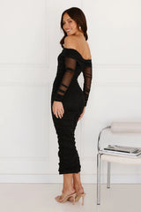 Get Together Off Shoulder Mesh Long Sleeve Midi Dress Black
