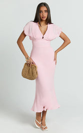 Desiree Midi Dress - V Neck Flutter Short Sleeve Slip Dress in Pink