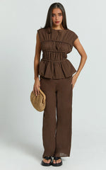Two Piece Set - Ruched Detail Top and Wide Leg Pants in Brown