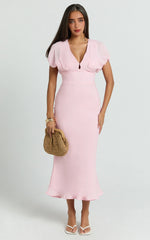 Desiree Midi Dress - V Neck Flutter Short Sleeve Slip Dress in Pink