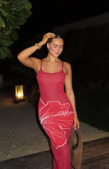 Carly Red Knit Hibiscus Print Maxi Dress