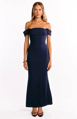 Ella Navy Off Shoulder Crepe Formal Maxi Dress