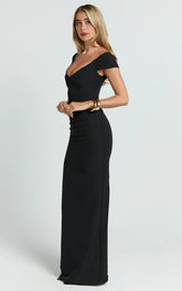 Black Off-Shoulder Plunge High-Split Maxi Dress