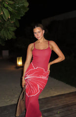 Carly Red Knit Hibiscus Print Maxi Dress