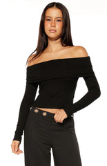 Marlin Black Off Shoulder Long Sleeve Top
