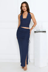 Girl Moods Mesh Halter Maxi Dress Navy