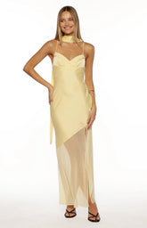 Laila Yellow Satin Scarf Formal Maxi Dress
