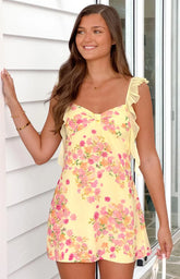 Joyce Yellow Bloom Chiffon Mini Dress