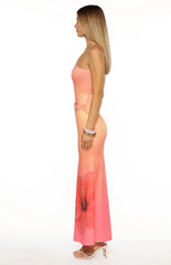 Summa Pink Ombre Hibiscus Strapless Maxi Dress