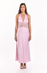 Divandi Pink Lace Halter Neck Formal Maxi Dress