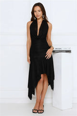 Platinum Glow Lace Halter Midi Dress Black