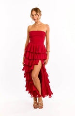 Kim Red Strapless Ruffle Maxi Dress