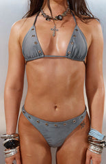 Talk That Talk Grey Sparkle Eyelet Bikini Top