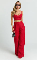 Sylvia Two Piece Set - Corset Top and High Waisted Wide Leg Pants Set in Red