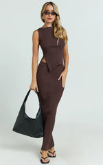 Klarisse Two Piece Set - Asym Top and Maxi Skirt Set in Chocolate