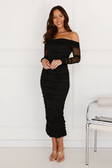 Get Together Off Shoulder Mesh Long Sleeve Midi Dress Black