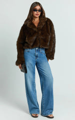 Oversized Crop Faux Fur Coat in Brown