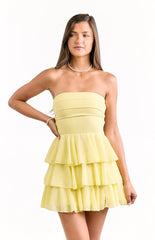 Kimmie Yellow Strapless Ruffle Mini Dress